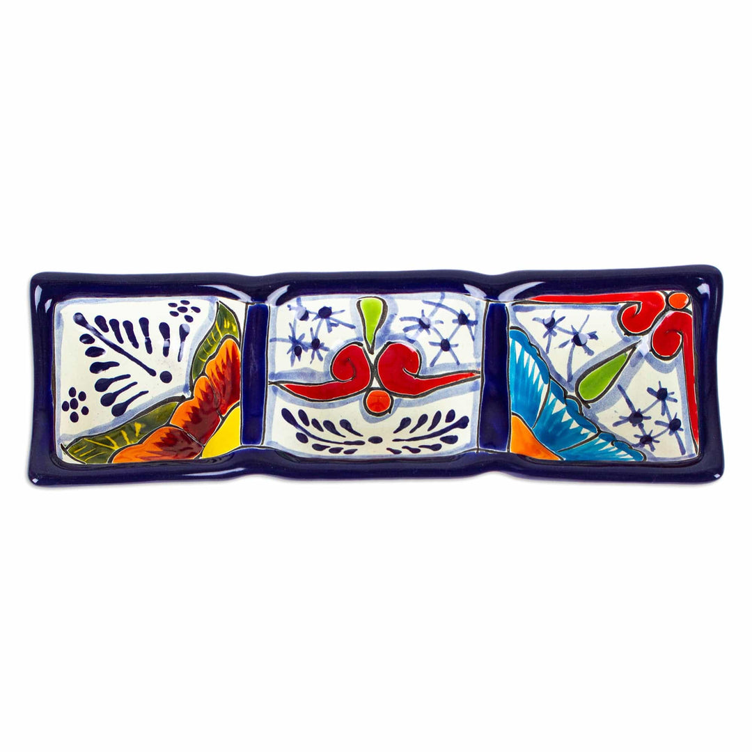 Talavera Blue and Red Ceramic Triple Condiment Dish - Marvelous Flowers