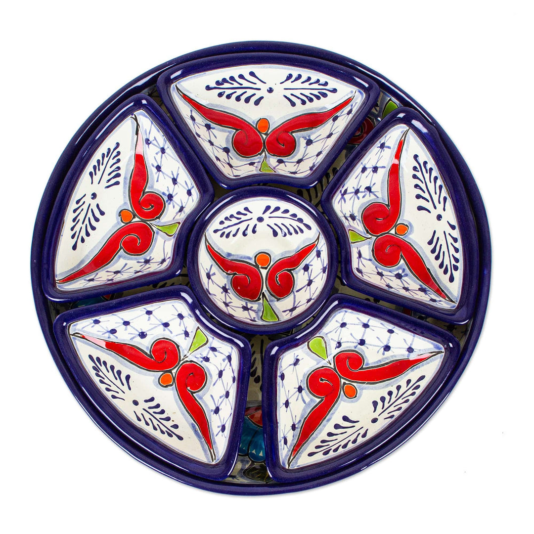 Talavera Blue and Red Ceramic Appetizer Bowl Set (7 Pieces) - Marvelous Flowers