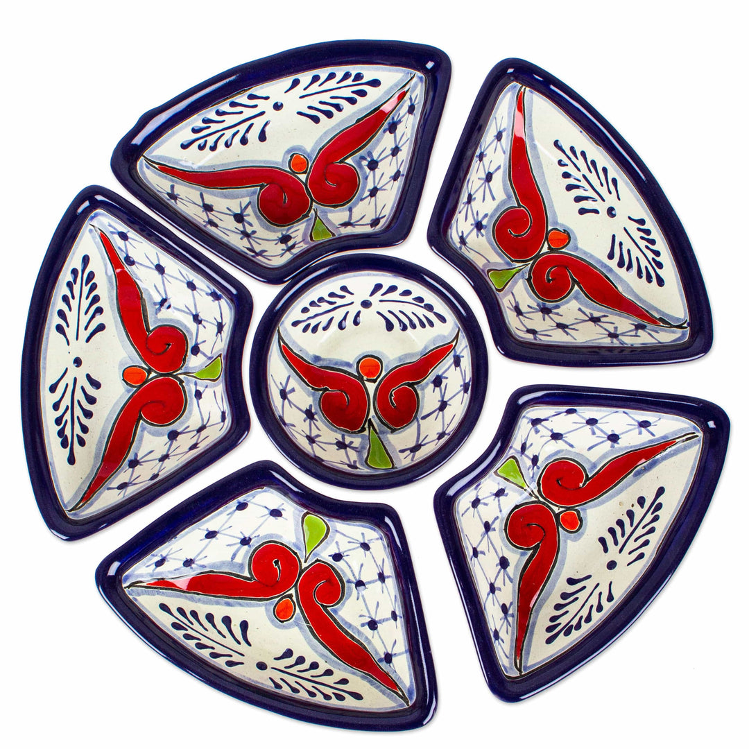 Talavera Blue and Red Ceramic Appetizer Bowl Set (7 Pieces) - Marvelous Flowers