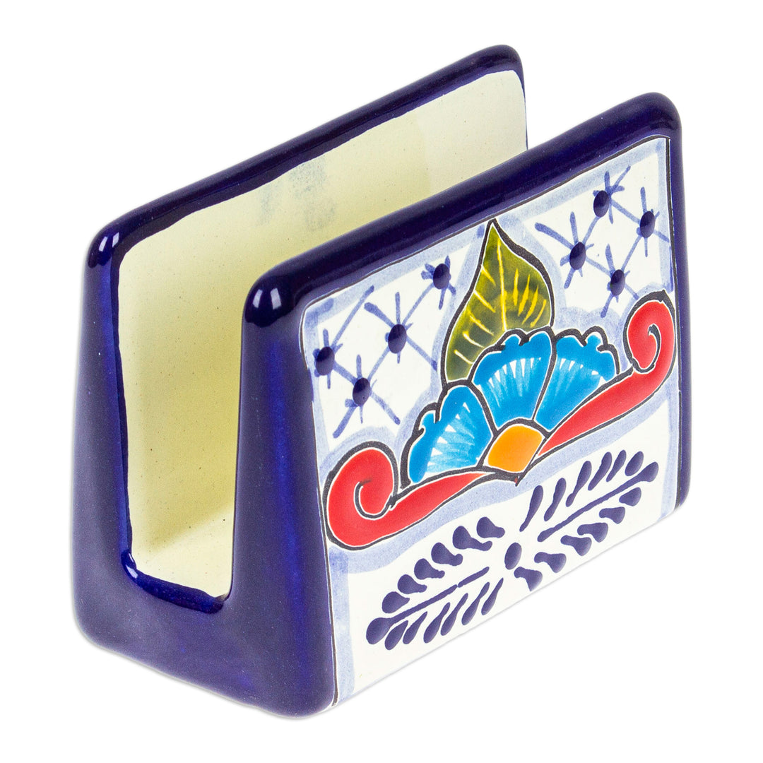 Hand-Painted Talavera Blue and Red Ceramic Napkin Holder - Marvelous Flowers