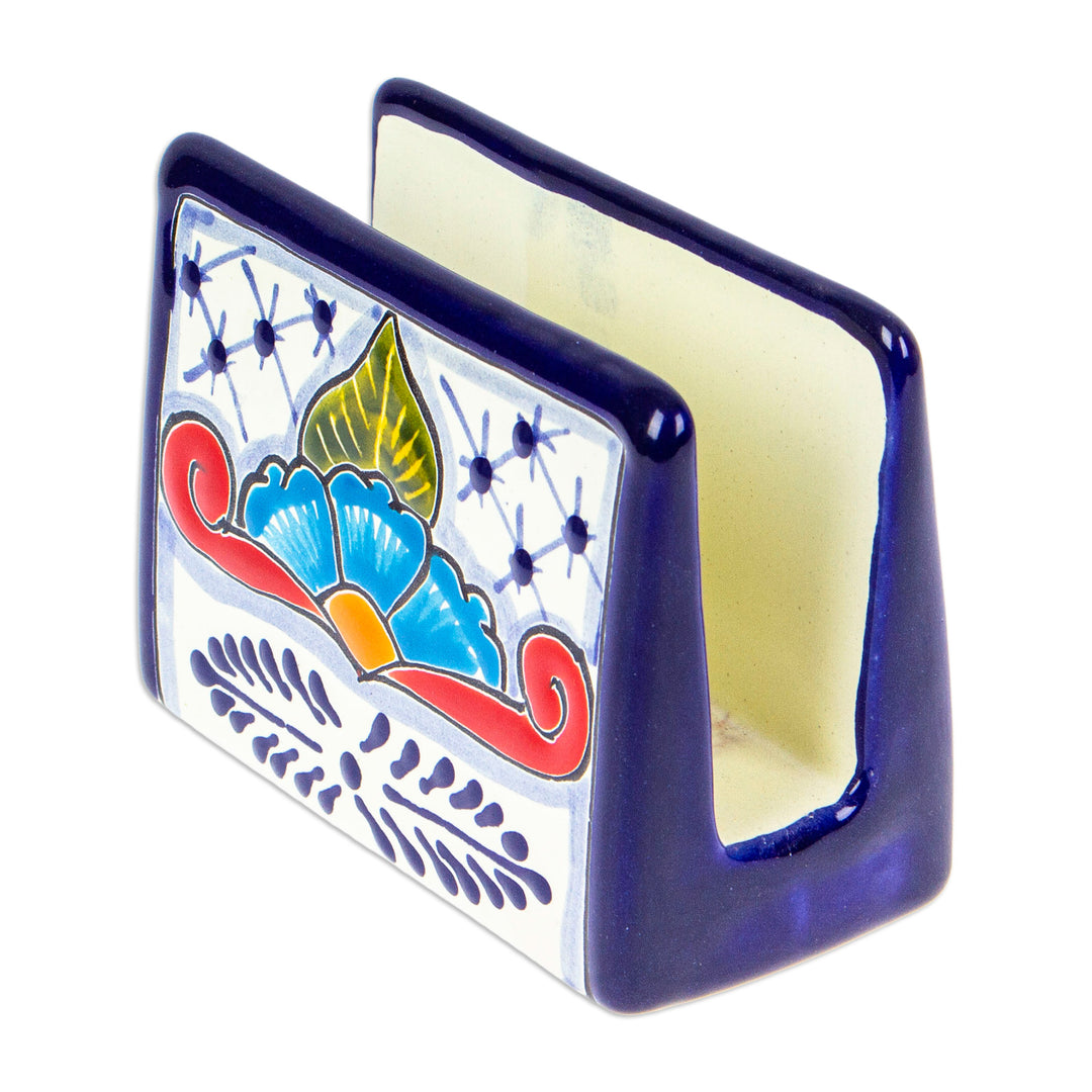 Hand-Painted Talavera Blue and Red Ceramic Napkin Holder - Marvelous Flowers