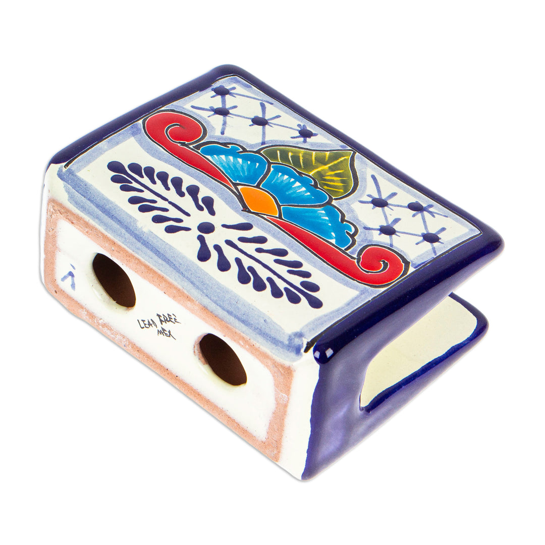 Hand-Painted Talavera Blue and Red Ceramic Napkin Holder - Marvelous Flowers