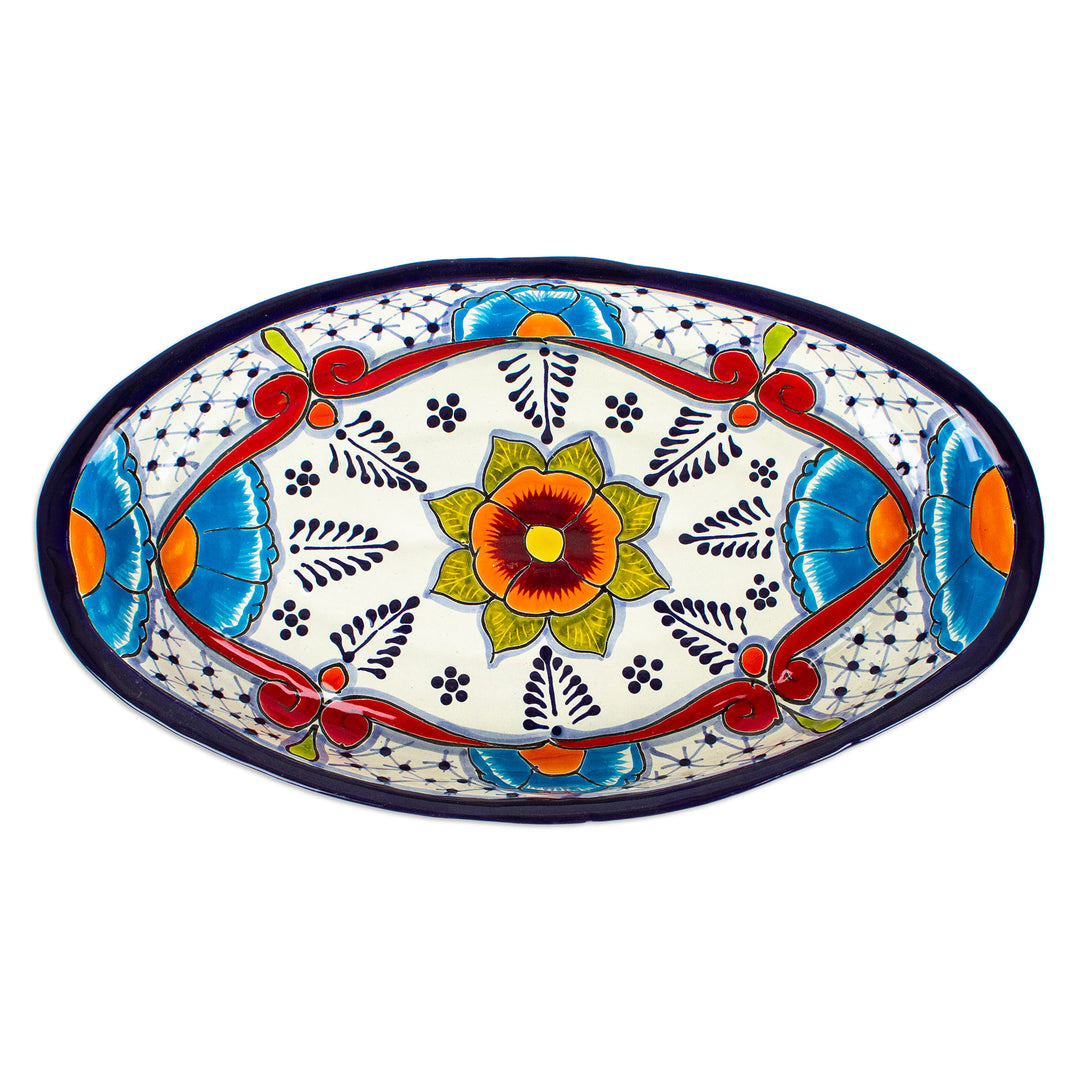 Mexican Talavera Style Ceramic Platter with Red Details - Marvelous Flowers