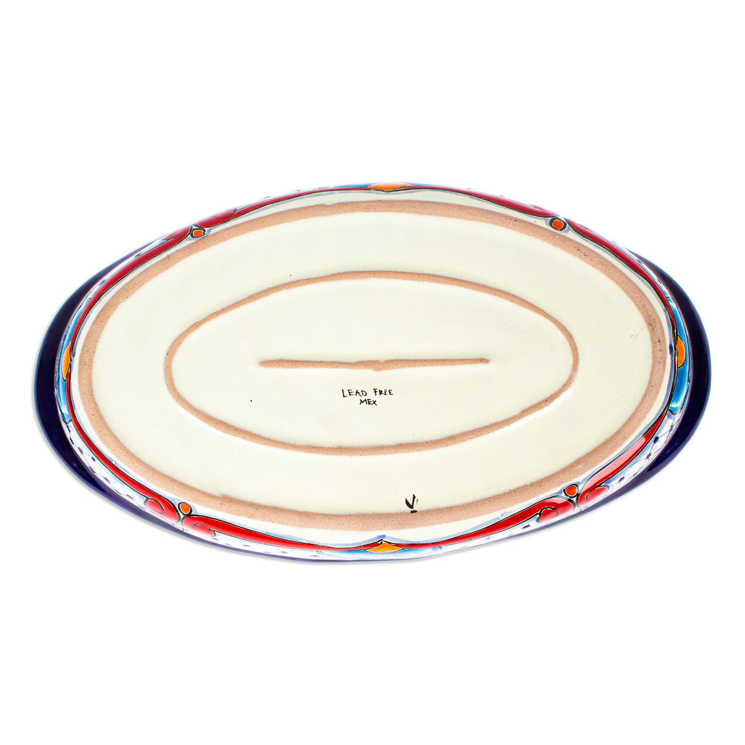 Mexican Talavera Style Ceramic Platter with Red Details - Marvelous Flowers