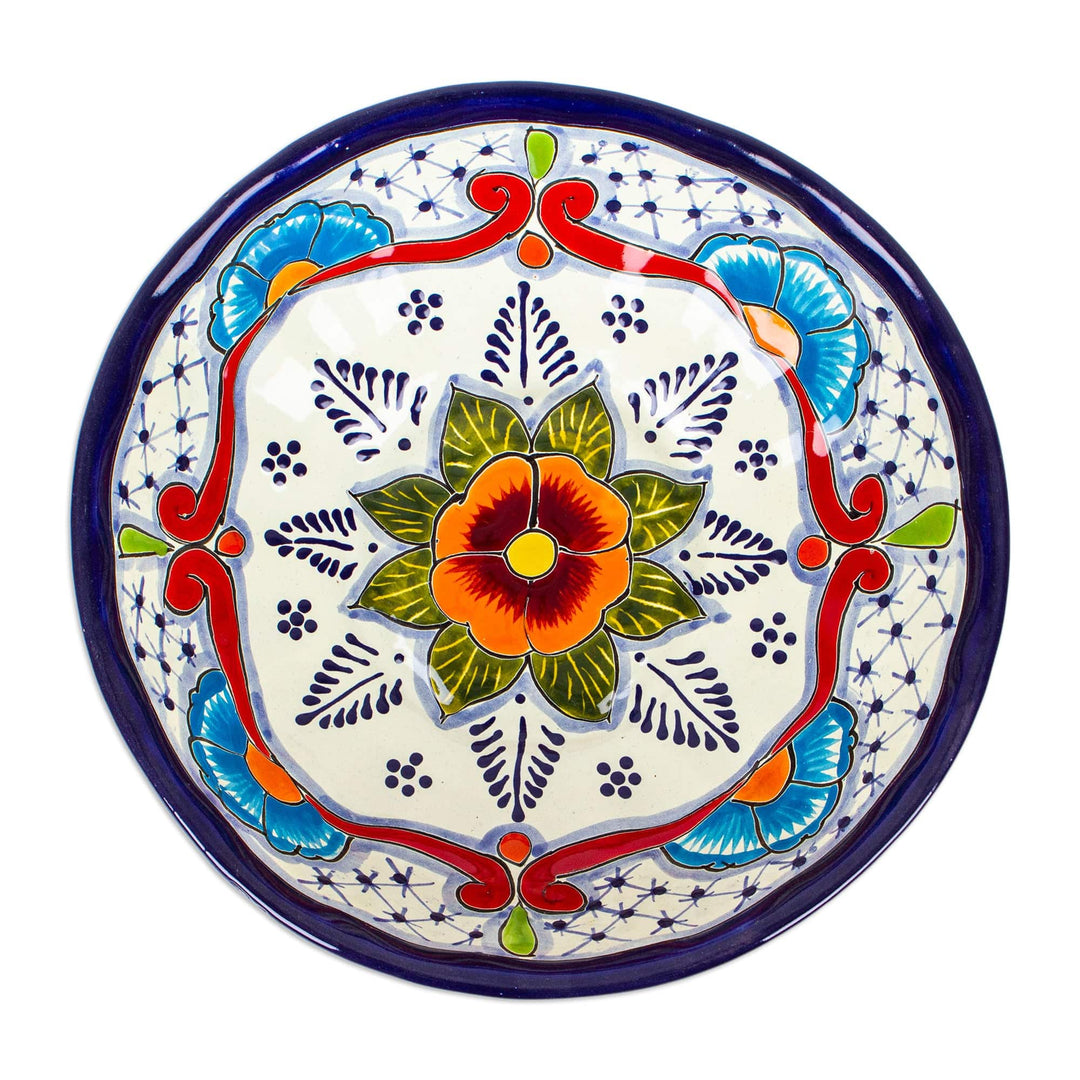 Mexican Talavera Style Ceramic Salad Bowl in Blue and Red - Marvelous Flowers