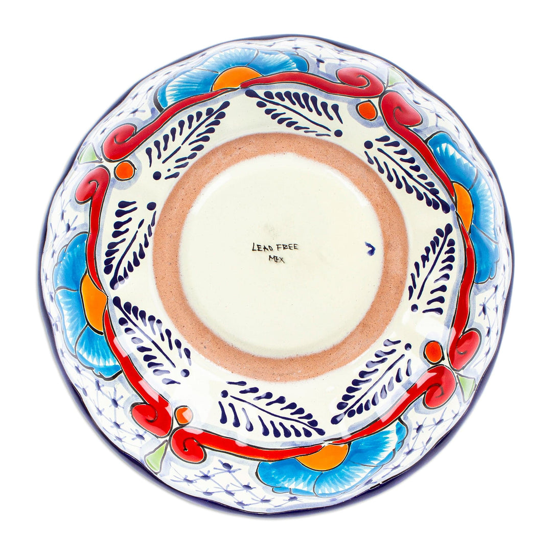 Mexican Talavera Style Ceramic Salad Bowl in Blue and Red - Marvelous Flowers