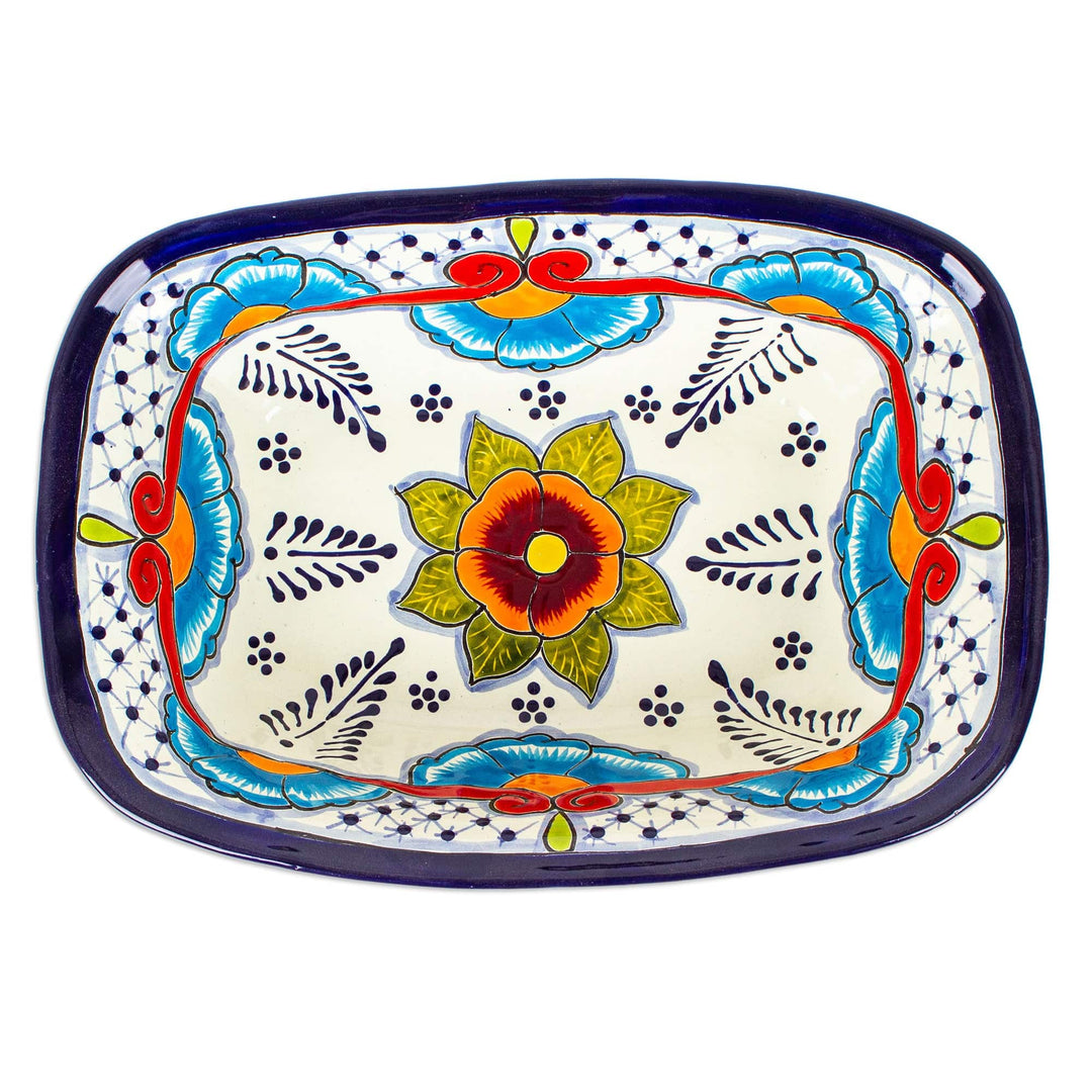 Mexican Talavera Style Ceramic Serving Bowl in Blue and Red - Marvelous Flowers