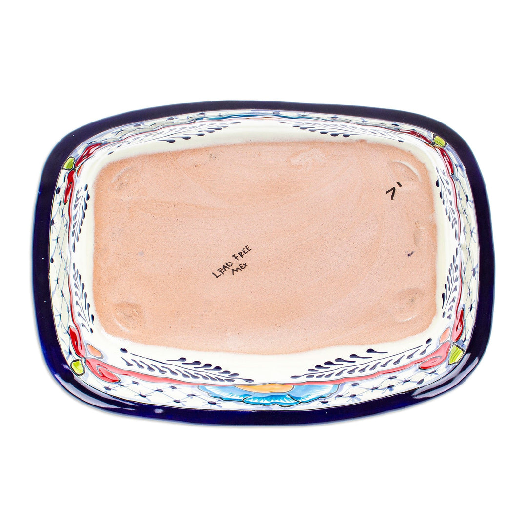 Mexican Talavera Style Ceramic Serving Bowl in Blue and Red - Marvelous Flowers