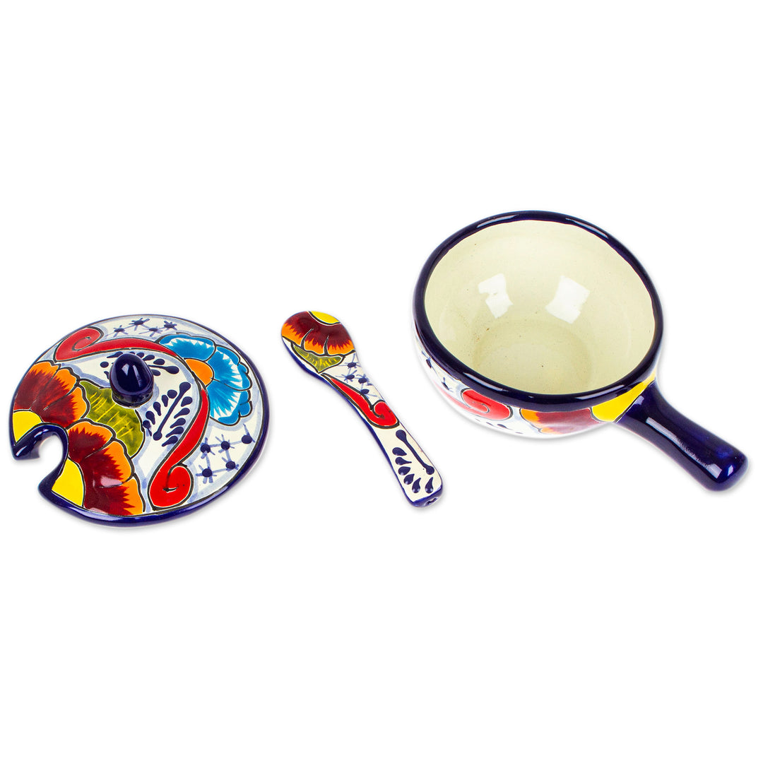 Talavera Style  Blue and Red Ceramic Salsa Bowl - Marvelous Flowers
