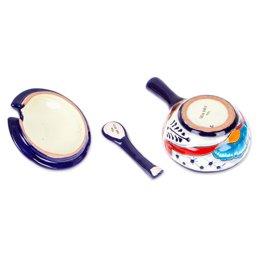 Talavera Style  Blue and Red Ceramic Salsa Bowl - Marvelous Flowers