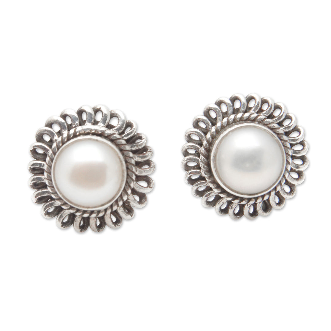 Sterling Silver Stud Earrings with White Cultured Pearls - Bright Destiny