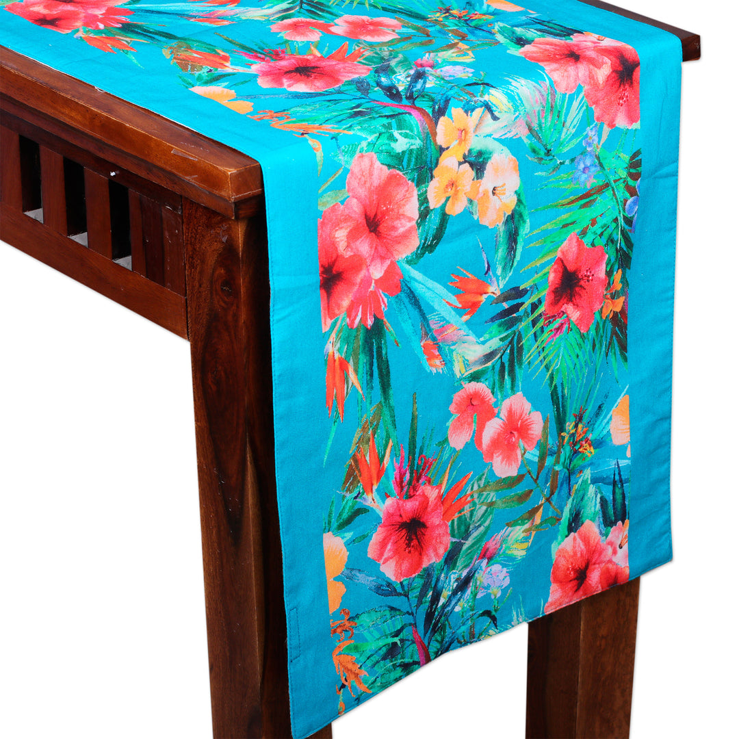 Turquoise Blue Cotton Table Runner with Floral Pattern - Floral Greetings