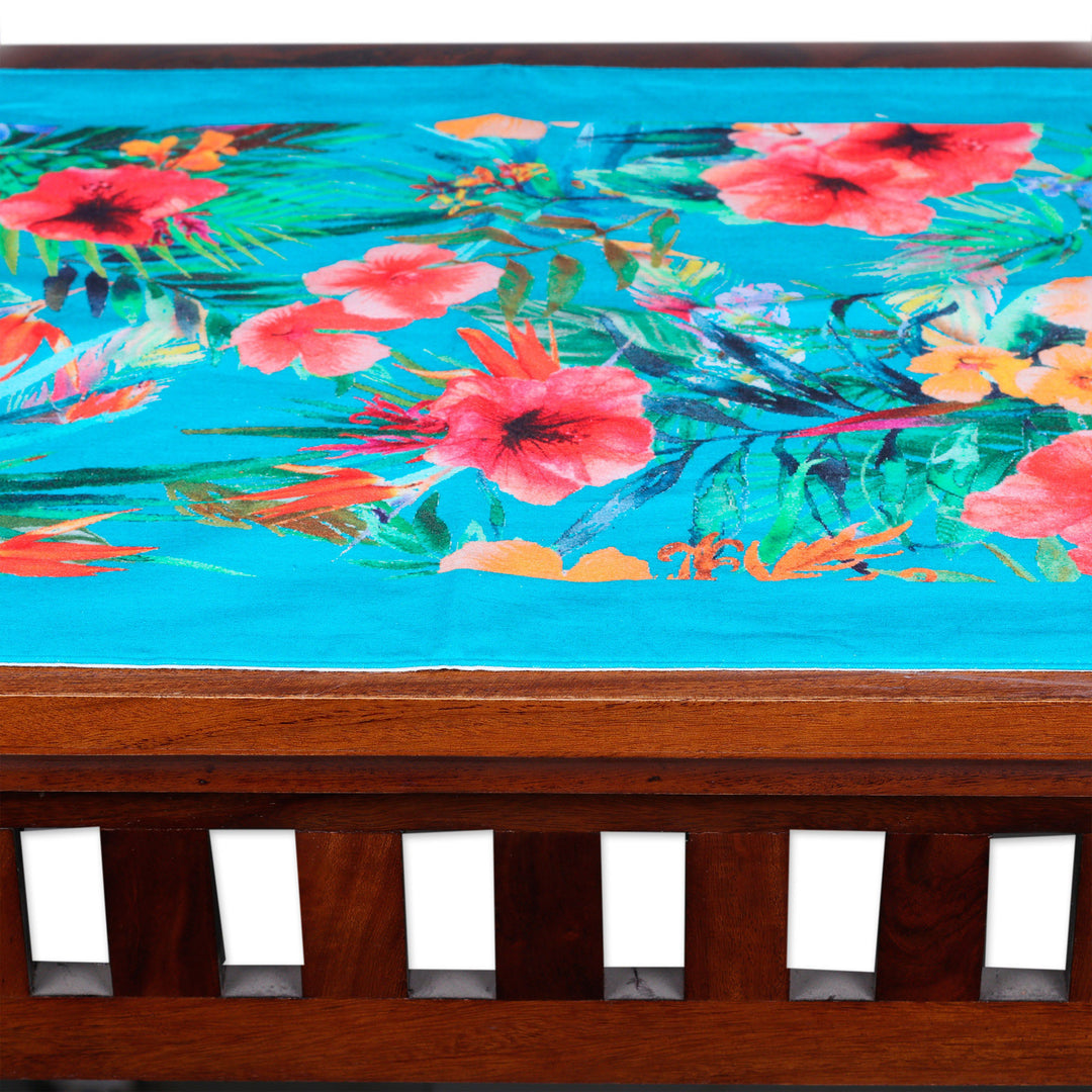 Turquoise Blue Cotton Table Runner with Floral Pattern - Floral Greetings
