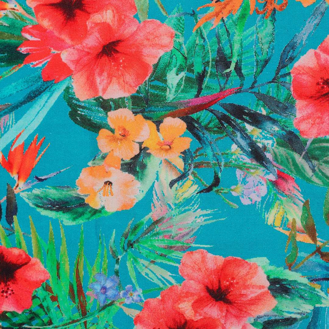 Turquoise Blue Cotton Table Runner with Floral Pattern - Floral Greetings