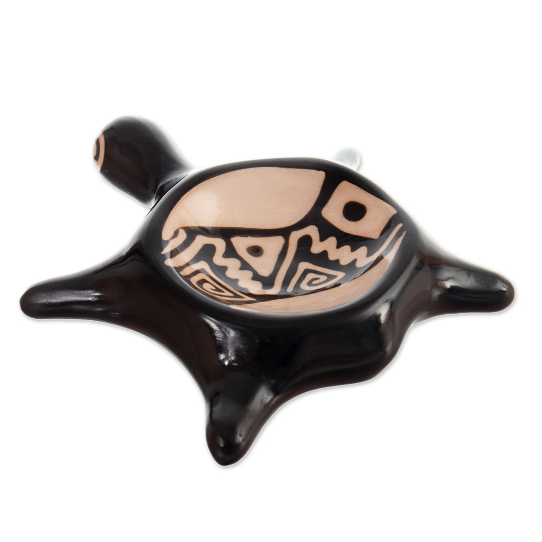 Handcrafted Black and Beige Ceramic Vicus Turtle Catchall - Vicús Turtle