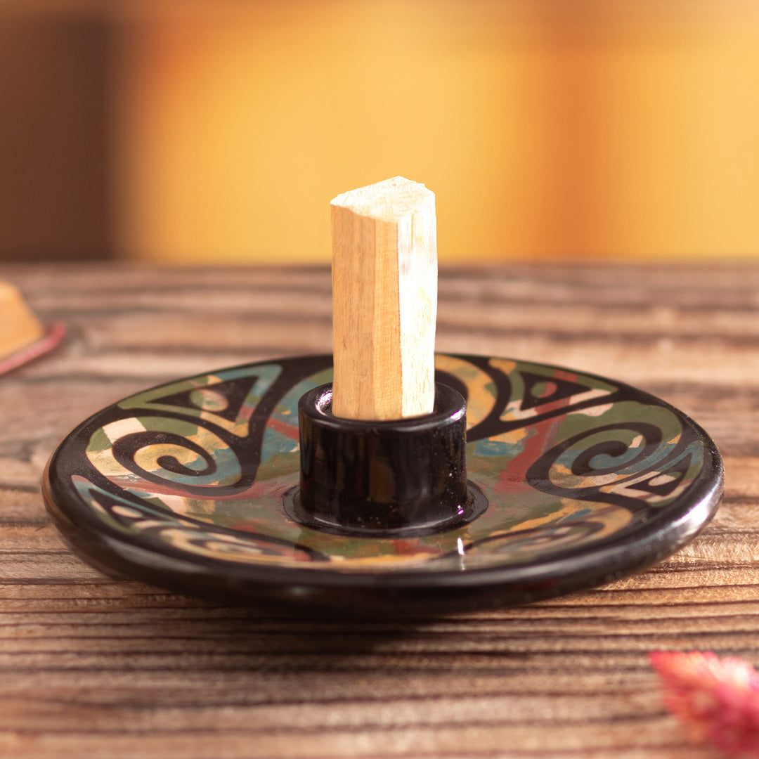 Handcrafted Swirl-Patterned Round Ceramic Palo Santo Burner - Ancestral Swirls