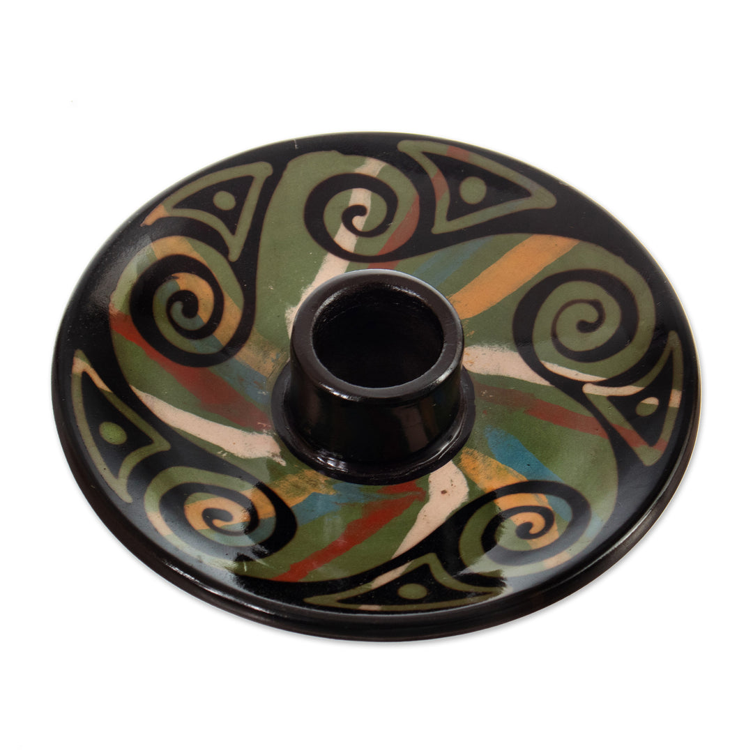 Handcrafted Swirl-Patterned Round Ceramic Incense Holder - Ancestral Swirls