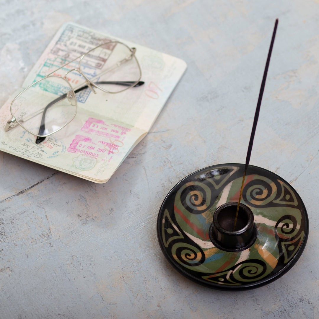 Handcrafted Swirl-Patterned Round Ceramic Incense Holder - Ancestral Swirls