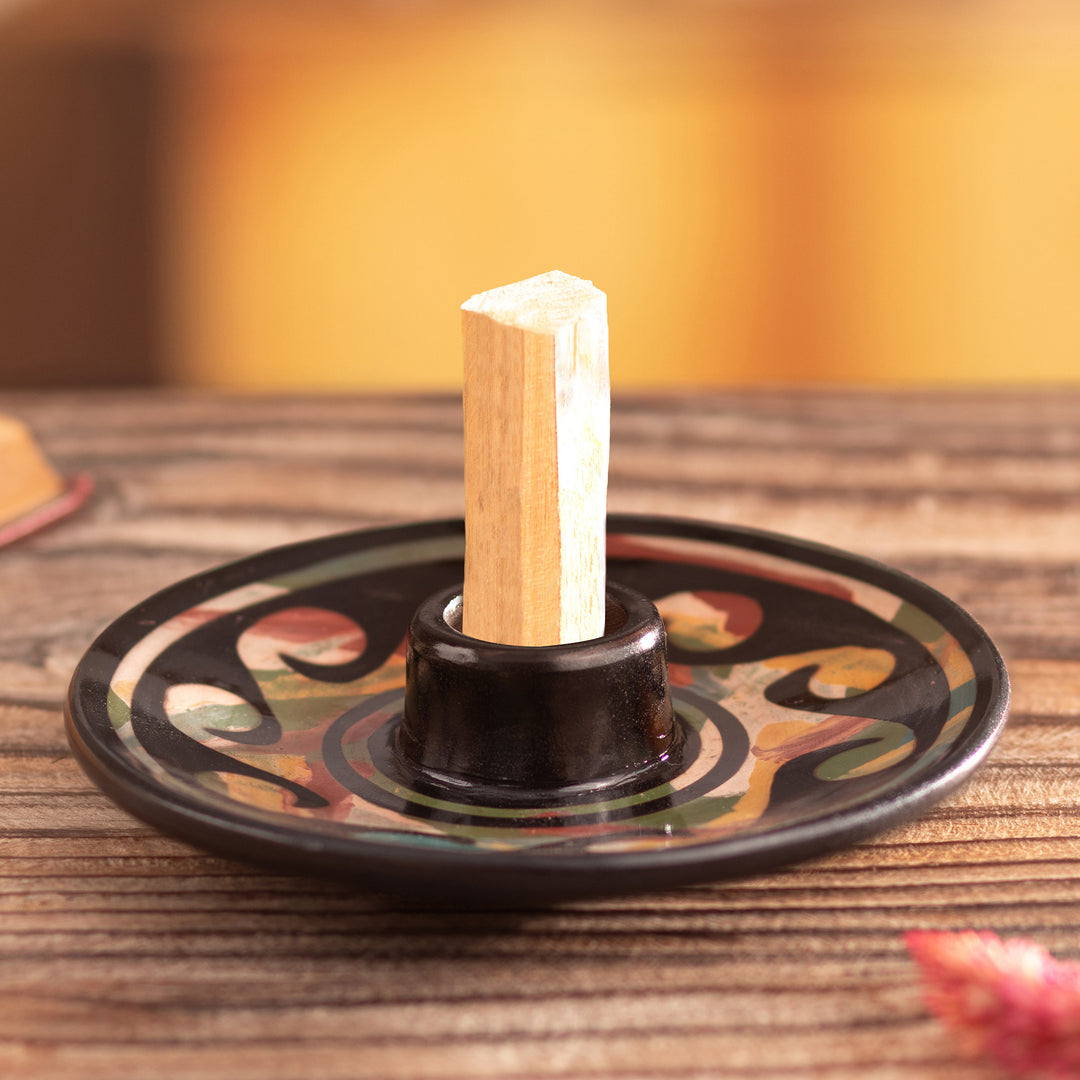 Handcrafted Wavy-Patterned Round Ceramic Palo Santo Holder - Ancestral Waves