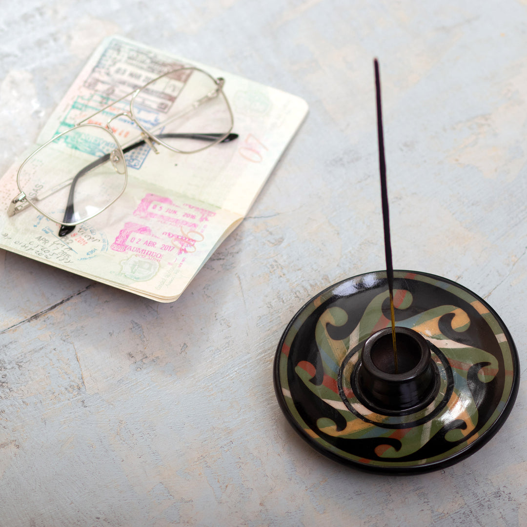 Handcrafted Wavy-Patterned Round Ceramic Incense Holder - Ancestral Waves