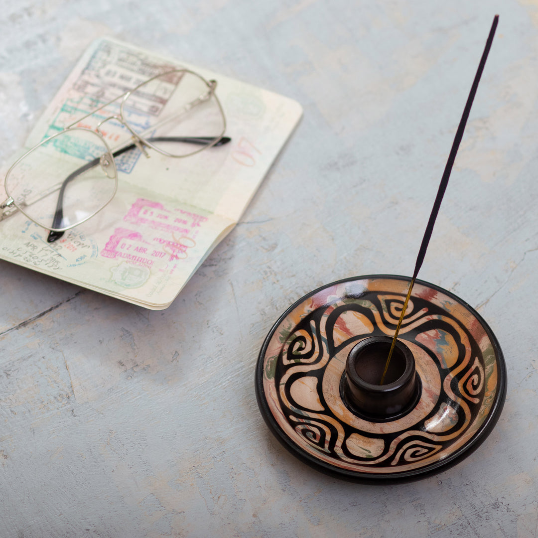 Handcrafted Round Ceramic Incense Holder in Warm Hues - Vicús Spirit