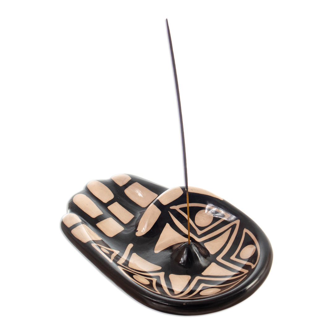 Handmade Black & White Hamsa Amulet Ceramic Incense Holder - Black & White Hamsa