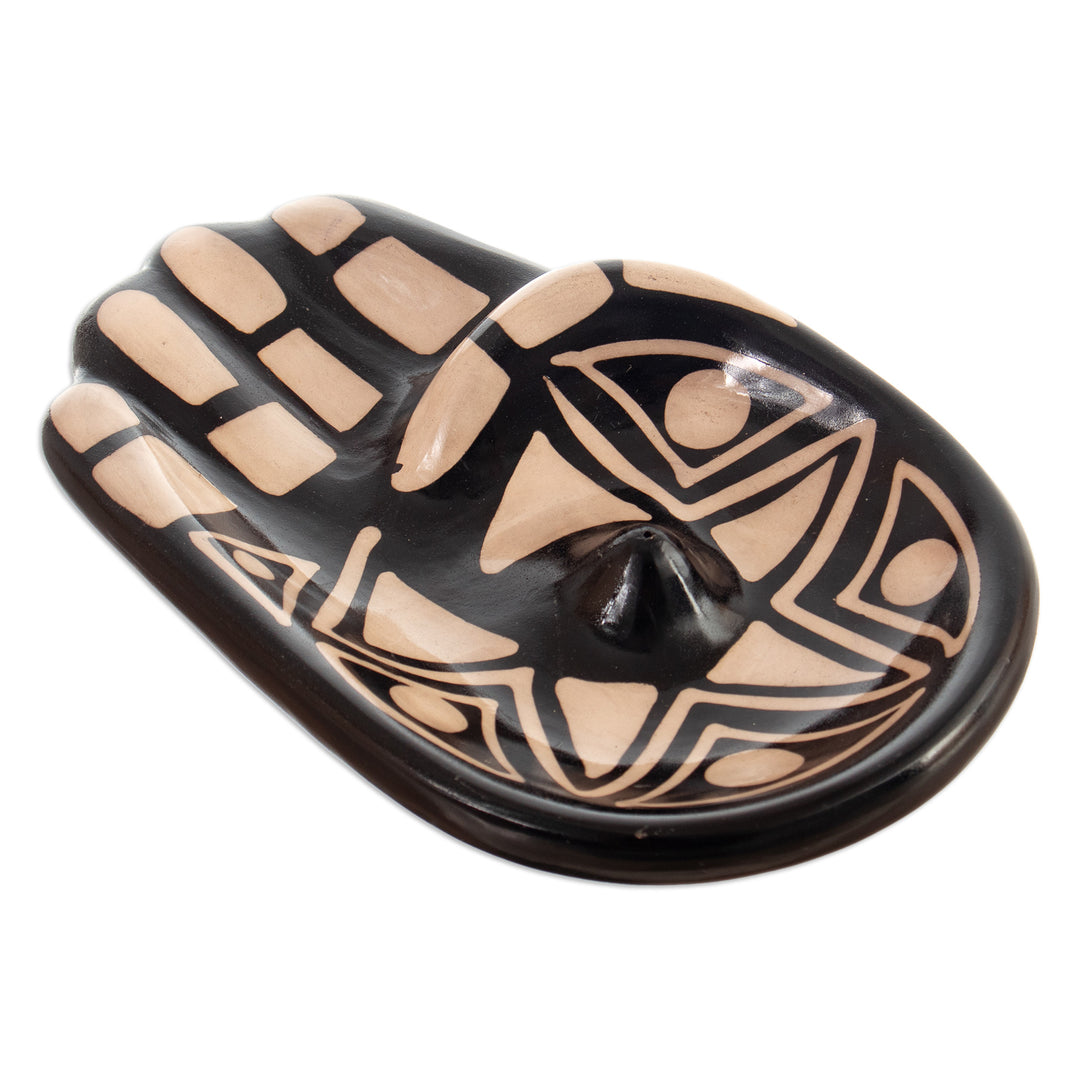 Handmade Black & White Hamsa Amulet Ceramic Incense Holder - Black & White Hamsa