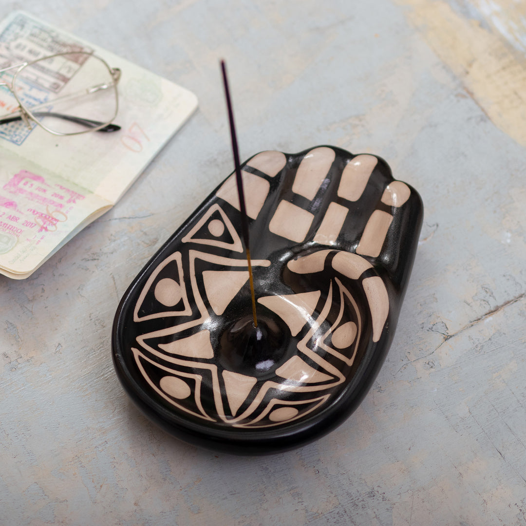 Handmade Black & White Hamsa Amulet Ceramic Incense Holder - Black & White Hamsa