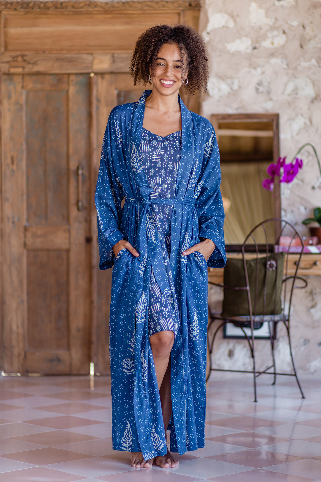 Cotton Robe with Printed Leafy Motifs and Cerulean Piping - Midnight Rest