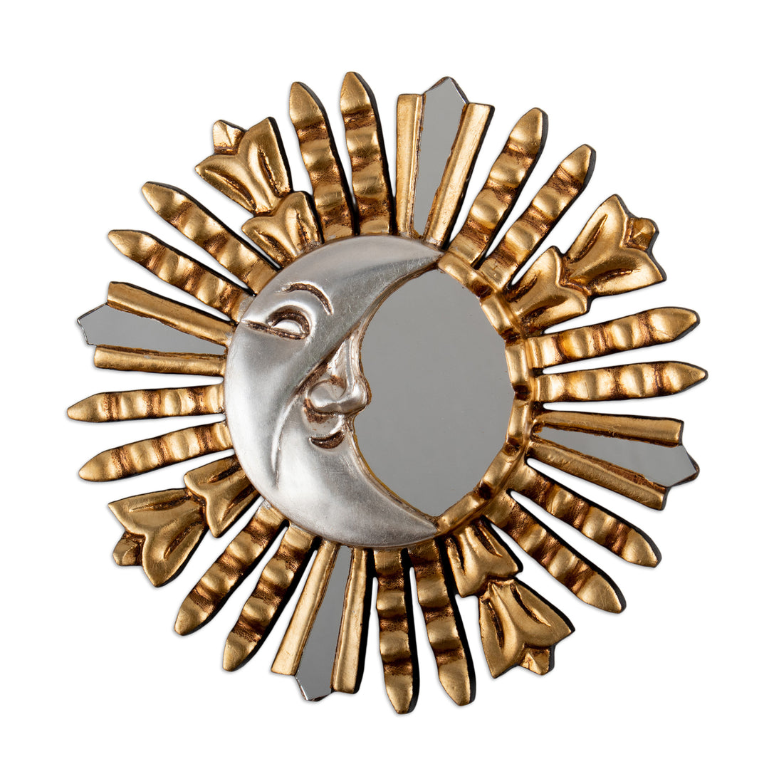 Antiqued Bronze Gilded Wood Wall Mirror with Sun Moon Motif - Mother Moon