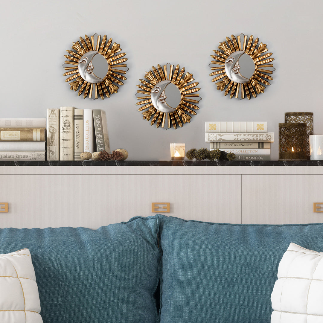 Antiqued Bronze Gilded Wood Wall Mirror with Sun Moon Motif - Mother Moon