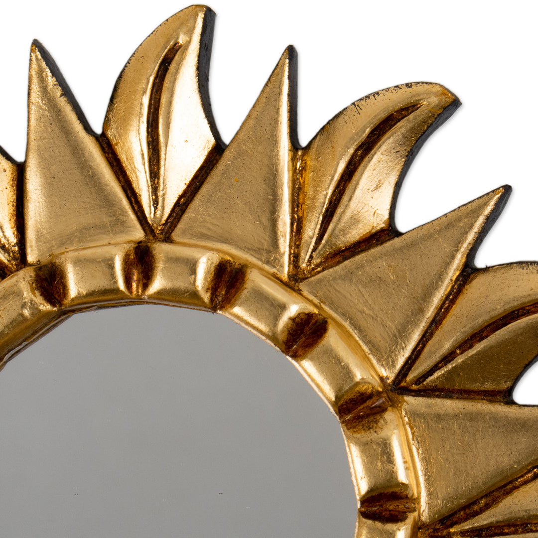 Antiqued Round Bronze Gilded Wood Wall Mirror with Sun Motif - Bright Sun