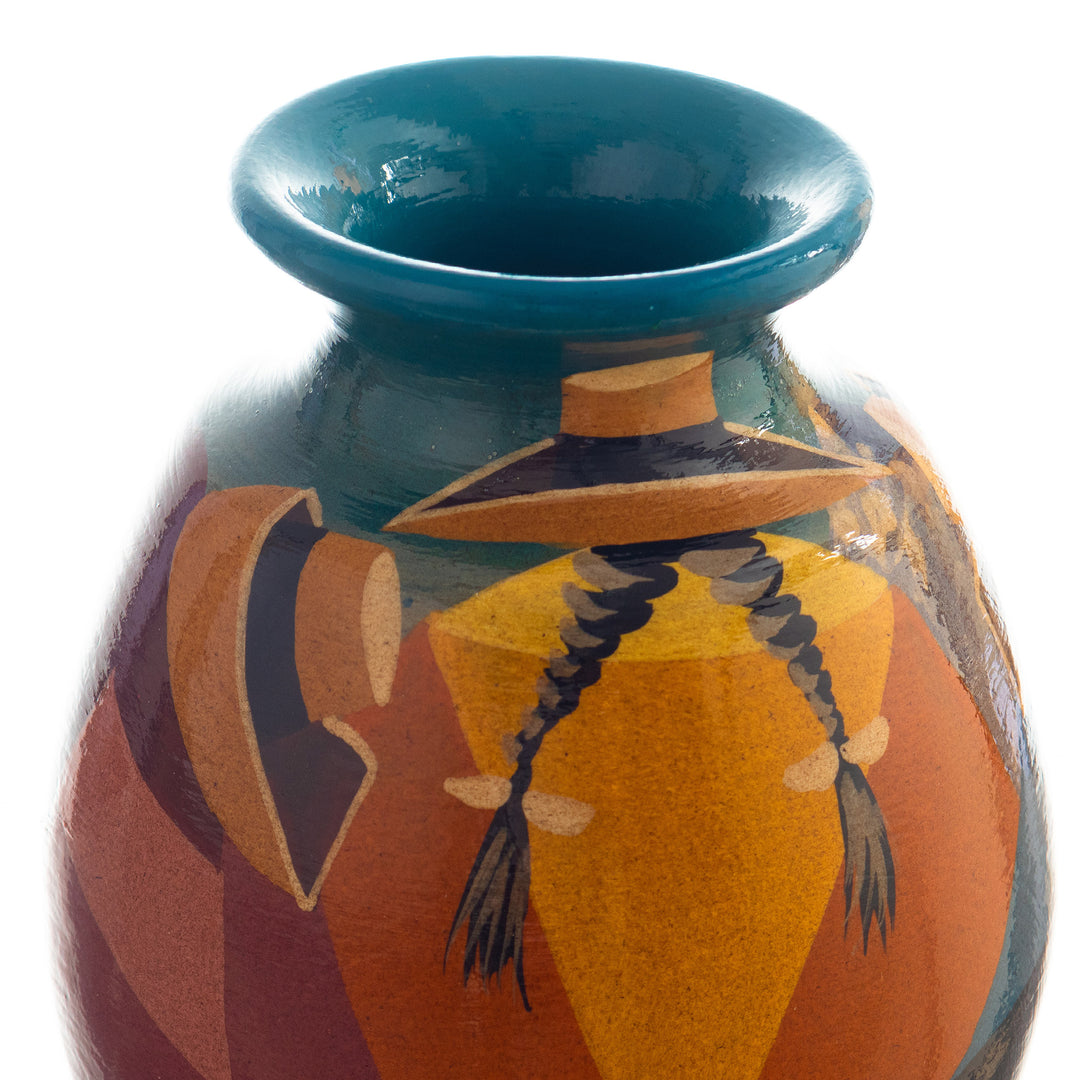 Ceramic Decorative Vase with Hand-Painted Andean Motifs - Andean Braids in Blue