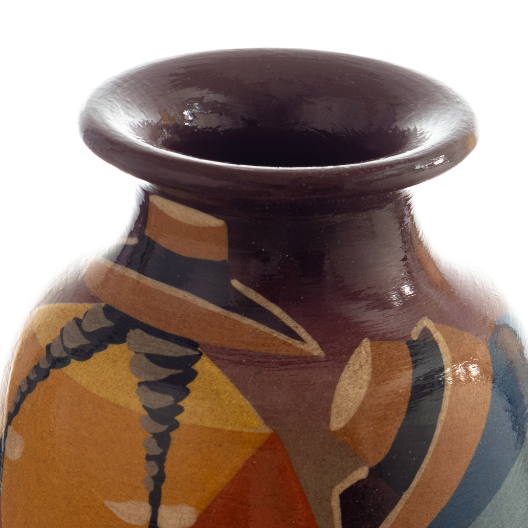 Colorful Hand-Painted Andean-Themed Ceramic Decorative Vase - Andean Braids in Brown