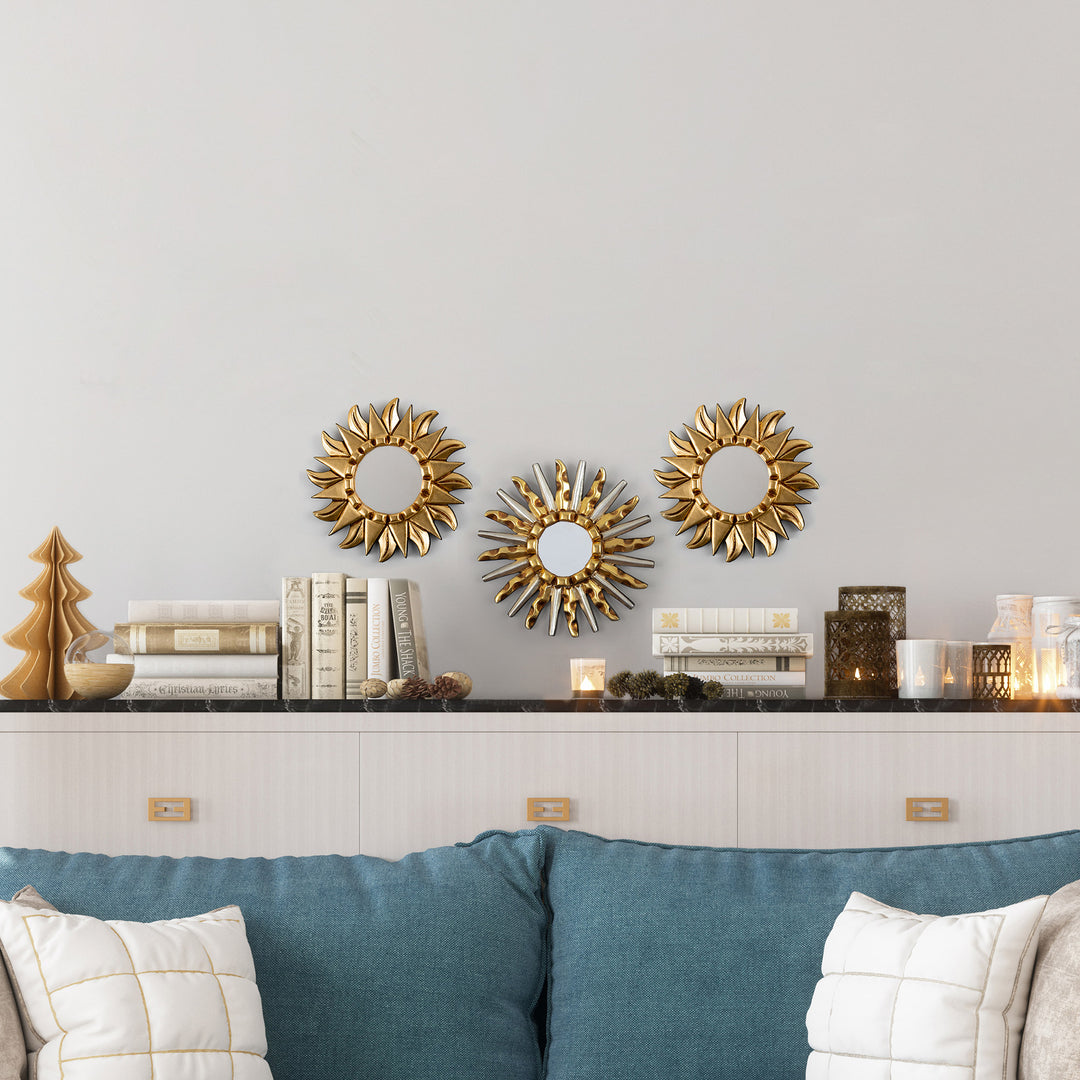 Gilded Bronze and Aluminum Wood Sun-Themed Wall Mirror - Gold & Silver Sun