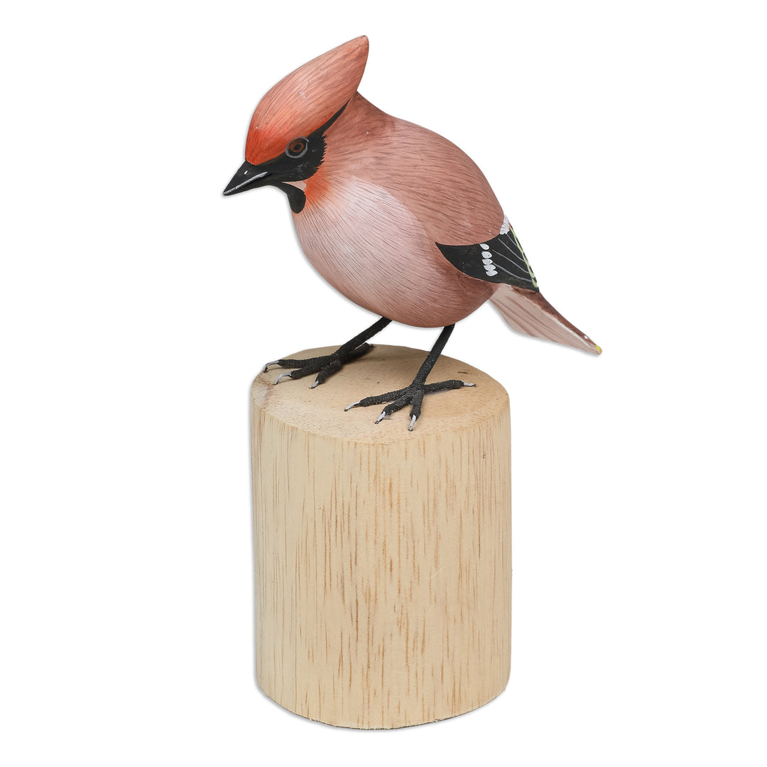 Hand-Carved Hand-Painted Wood Bird Statuette with Teak Base - Adorable Waxwing