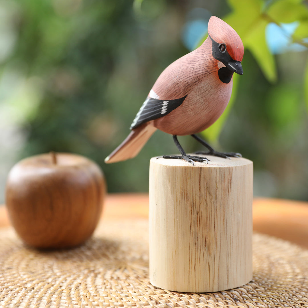 Hand-Carved Hand-Painted Wood Bird Statuette with Teak Base - Adorable Waxwing