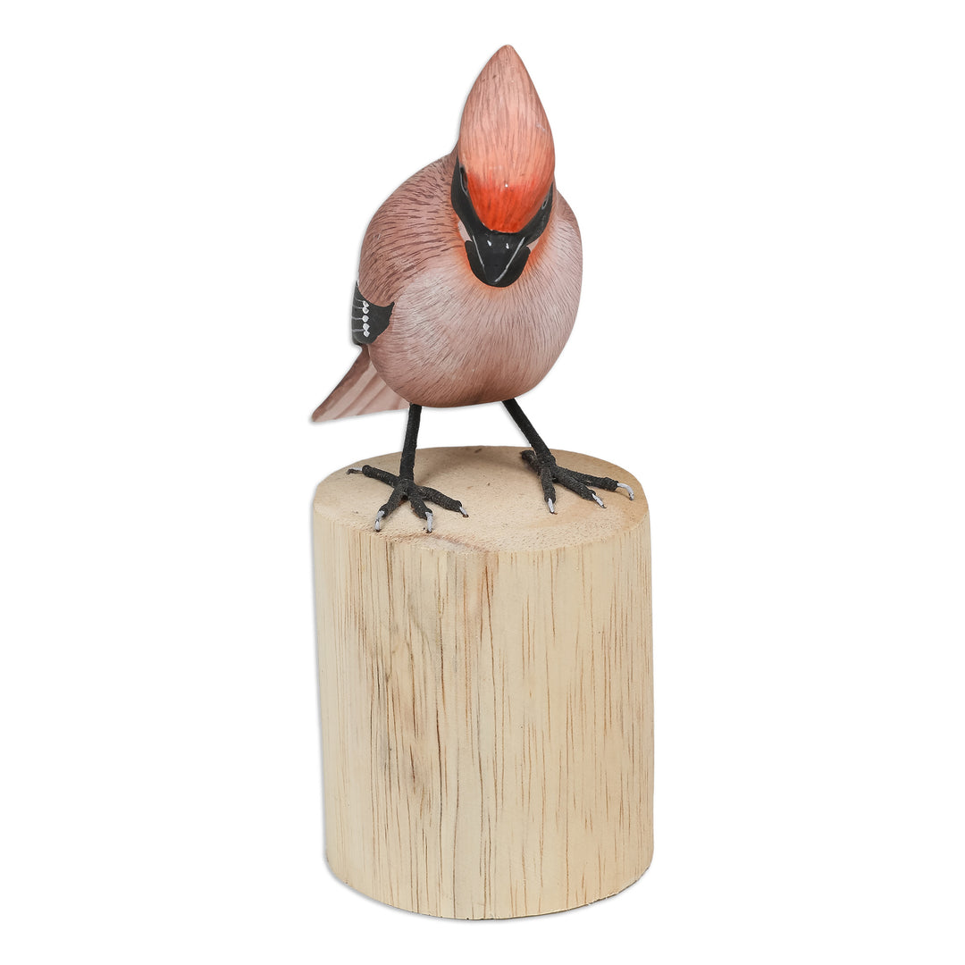 Hand-Carved Hand-Painted Wood Bird Statuette with Teak Base - Adorable Waxwing