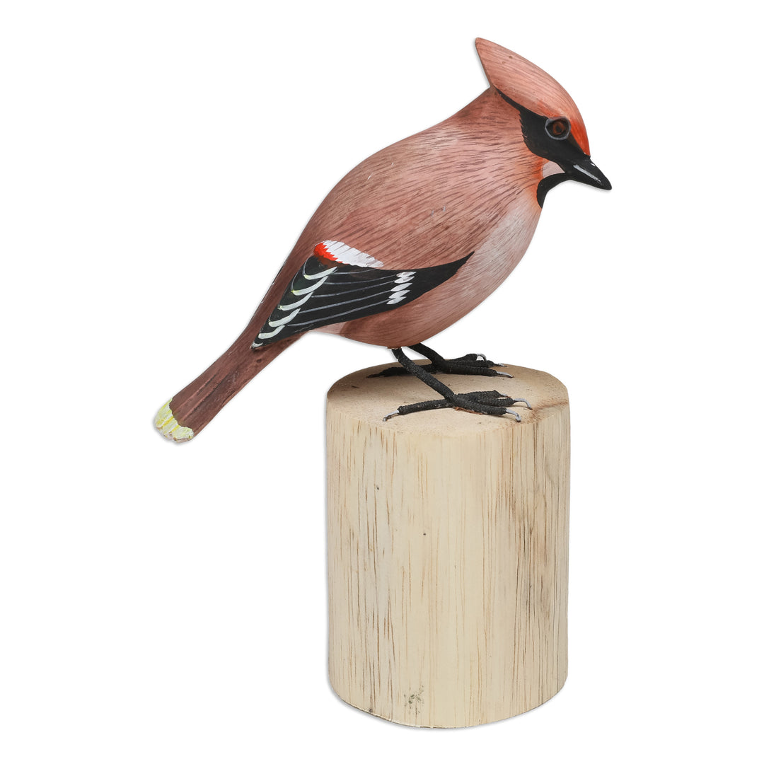 Hand-Carved Hand-Painted Wood Bird Statuette with Teak Base - Adorable Waxwing