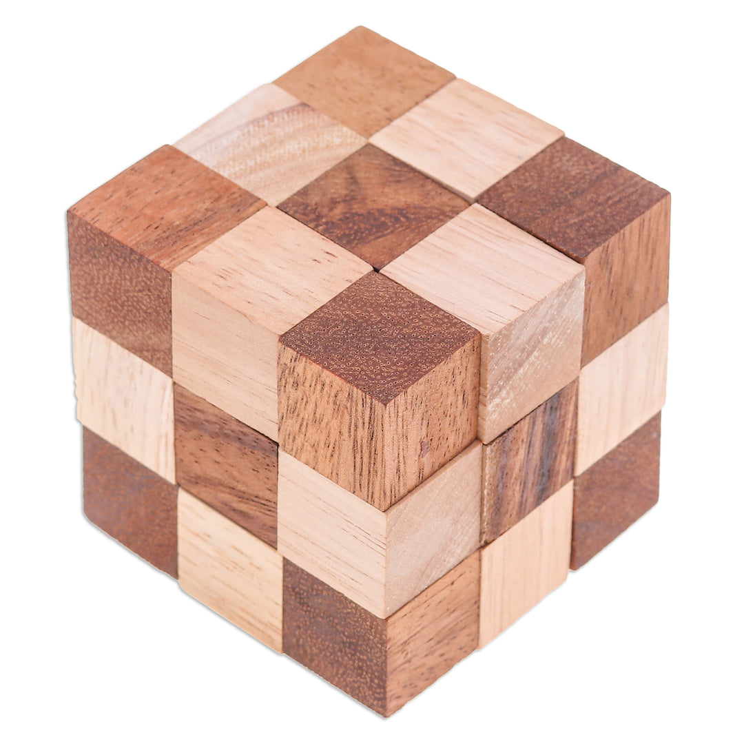 Handcrafted Natural Brown Raintree and Rubberwood Snake Cube - Logic Squares