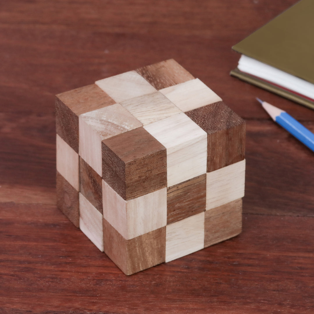 Handcrafted Natural Brown Raintree and Rubberwood Snake Cube - Logic Squares