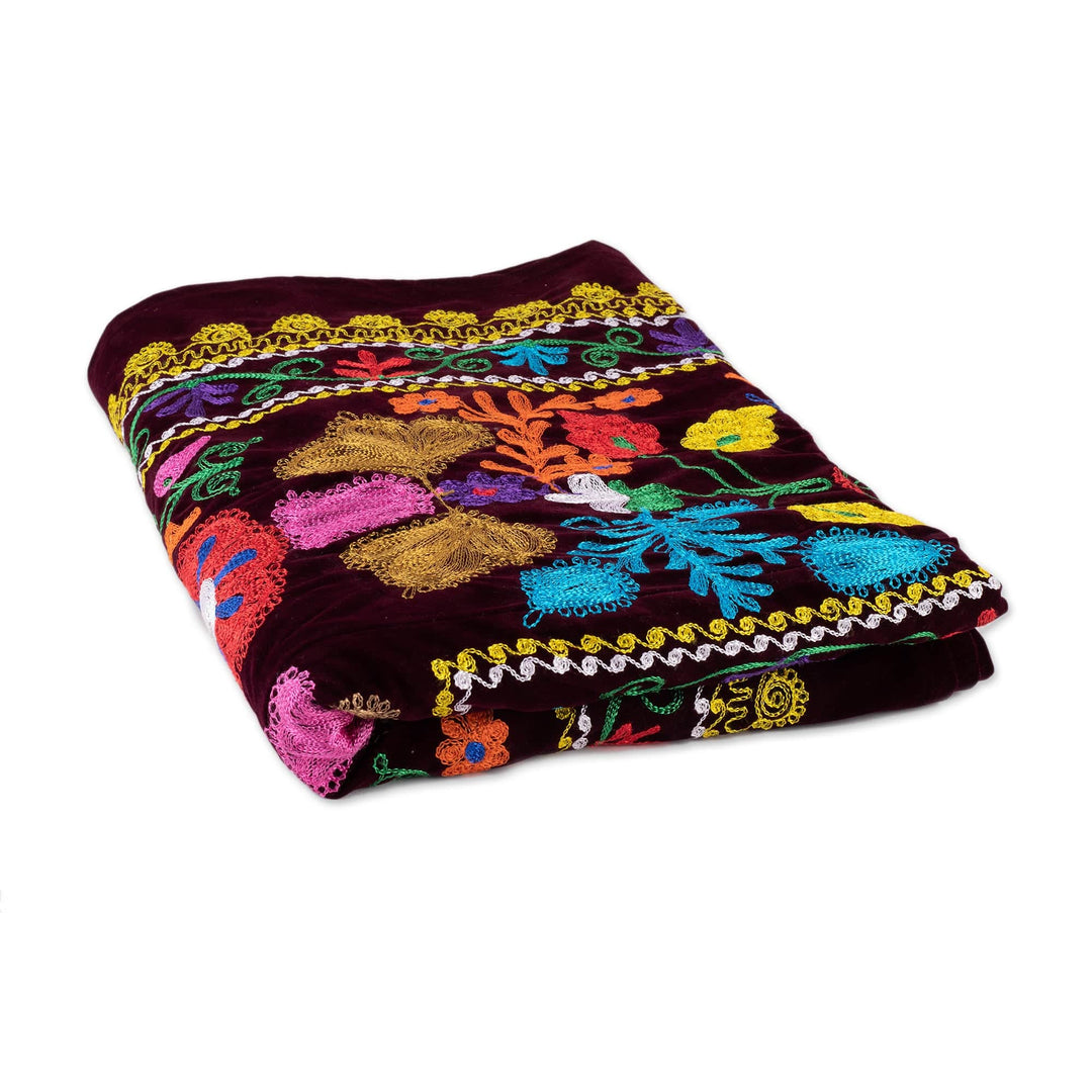 Traditional Floral Embroidered Silk Bedspread (Twin) - Suzani Magic
