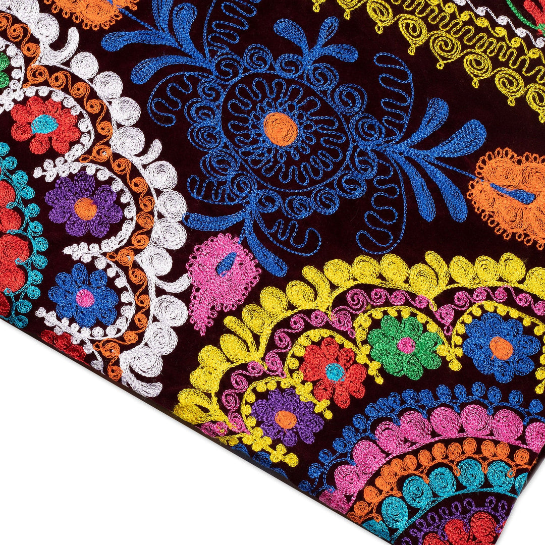 Traditional Floral Embroidered Silk Bedspread (Twin) - Suzani Magic