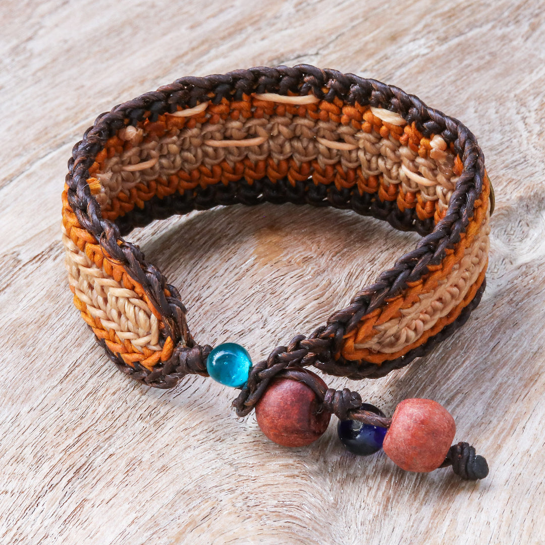 Warm-Toned Beaded Wristband Bracelet with Brass Coins - Earth Coins