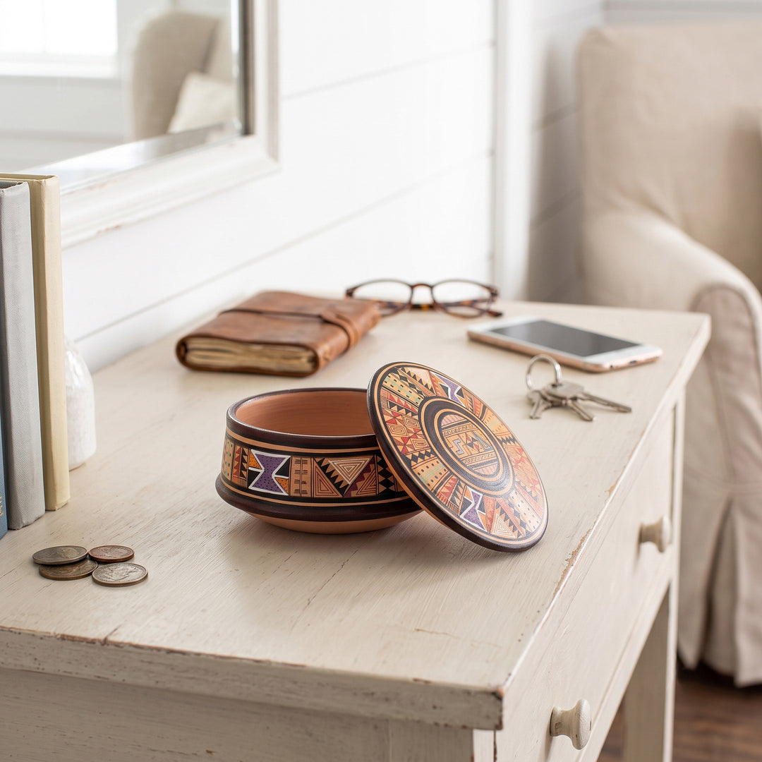 Hand-Painted Ceramic Decorative Box with Inca Motifs - Warmi