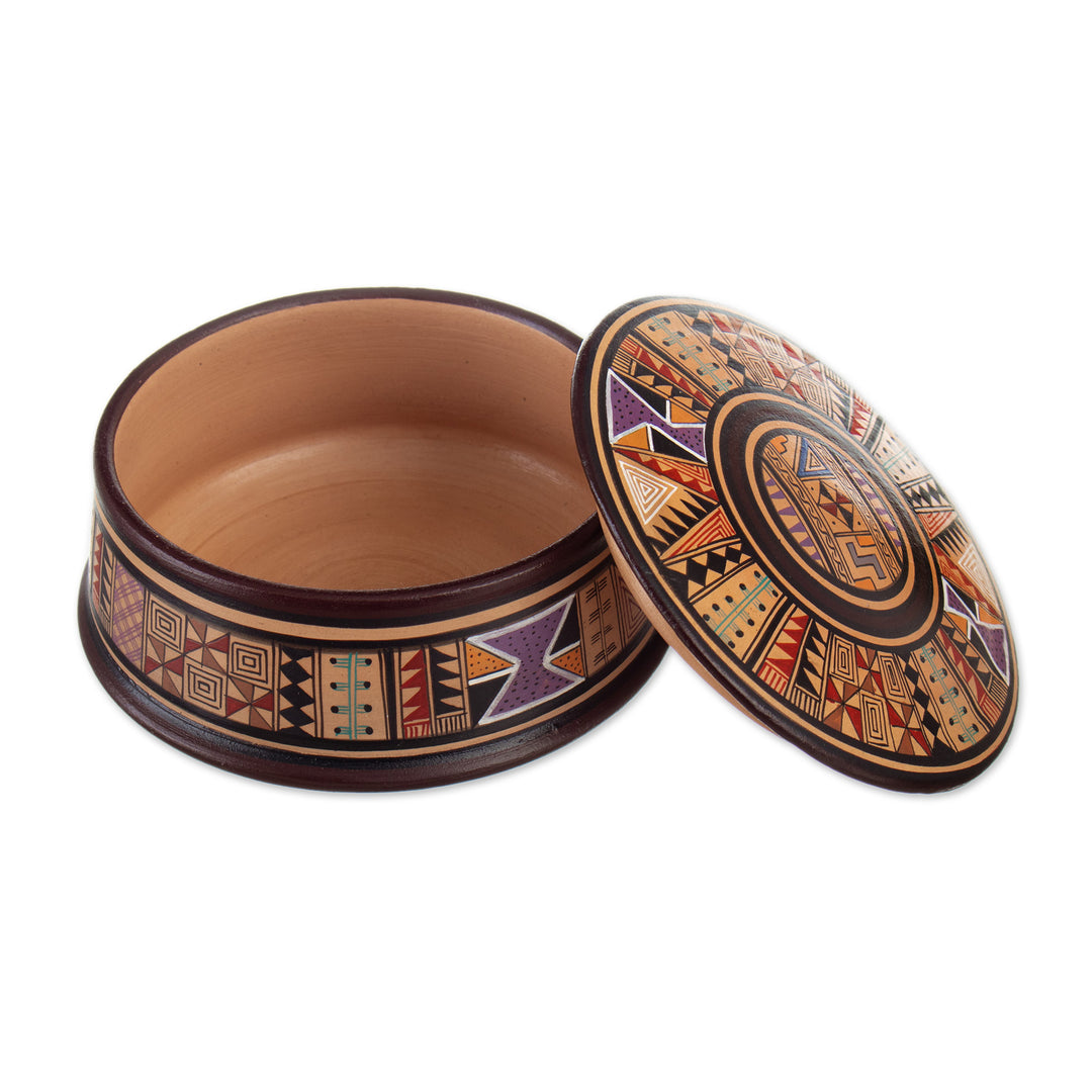 Hand-Painted Ceramic Decorative Box with Inca Motifs - Warmi