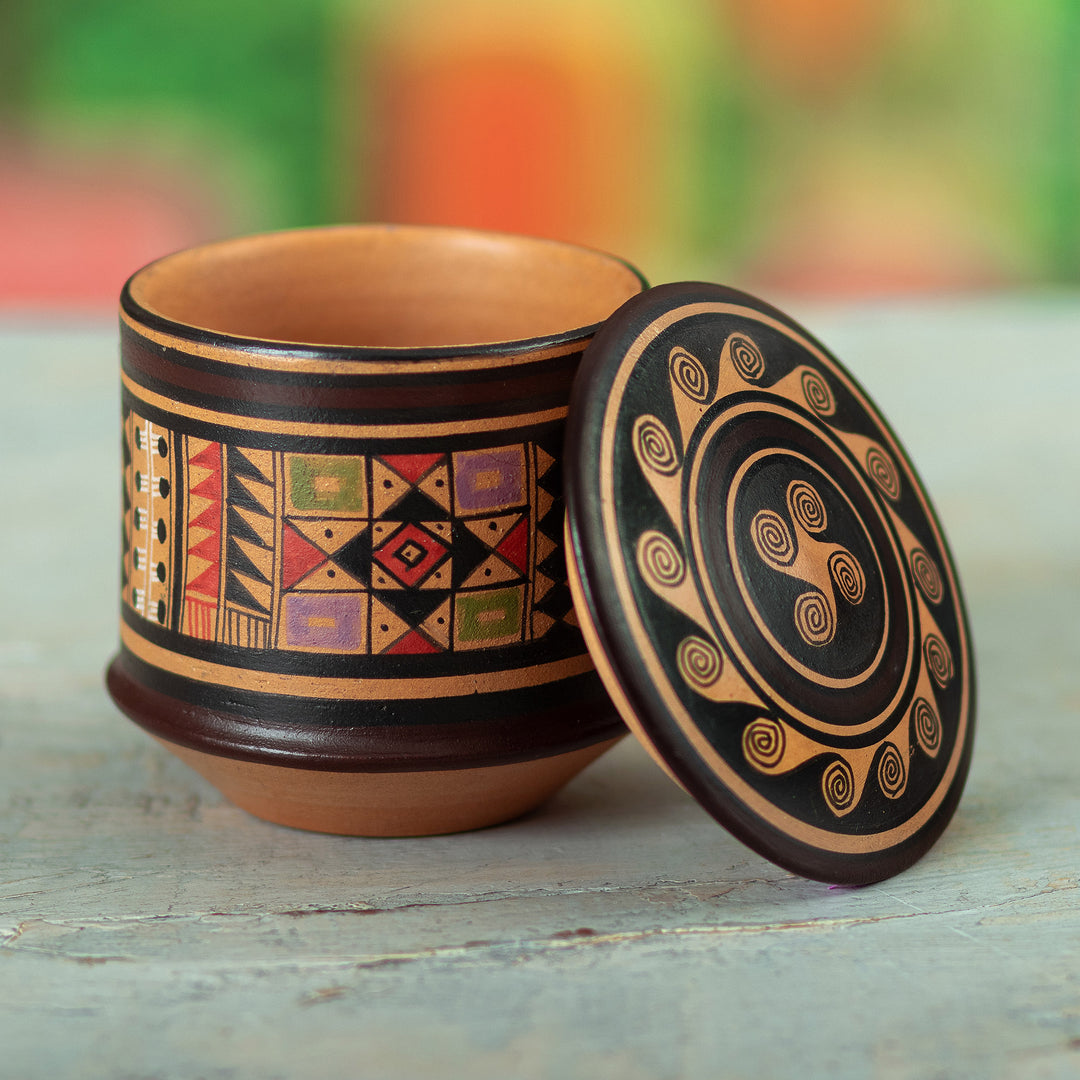 Ceramic Decorative Box with Inca Motifs Hand-Painted in Peru - Inca Splendor