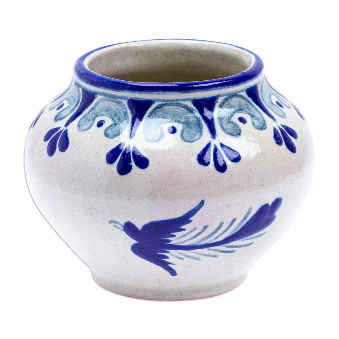 Hand-Painted Talavera-Style Ceramic Dove Planter in Blue - Puebla Doves