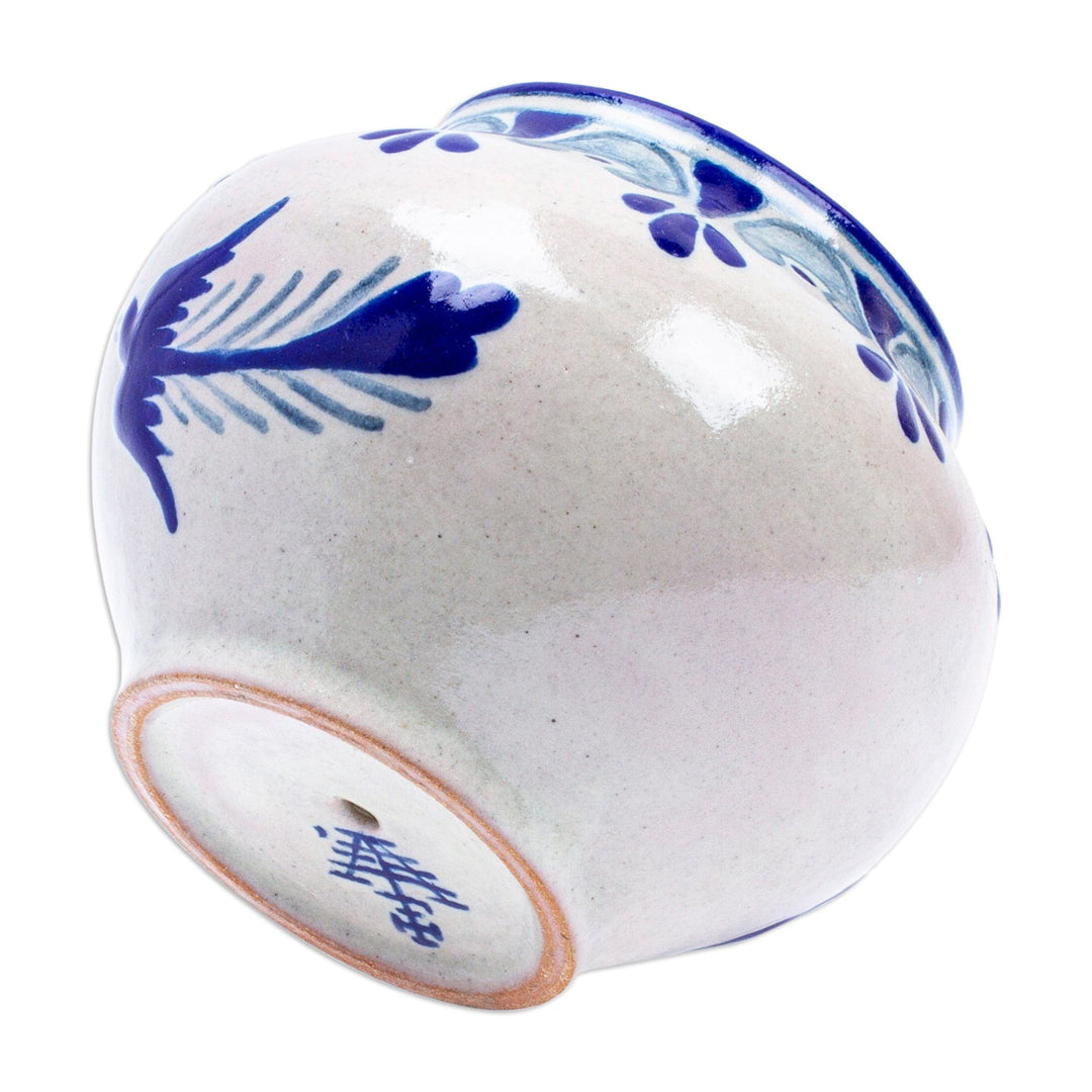 Hand-Painted Talavera-Style Ceramic Dove Planter in Blue - Puebla Doves
