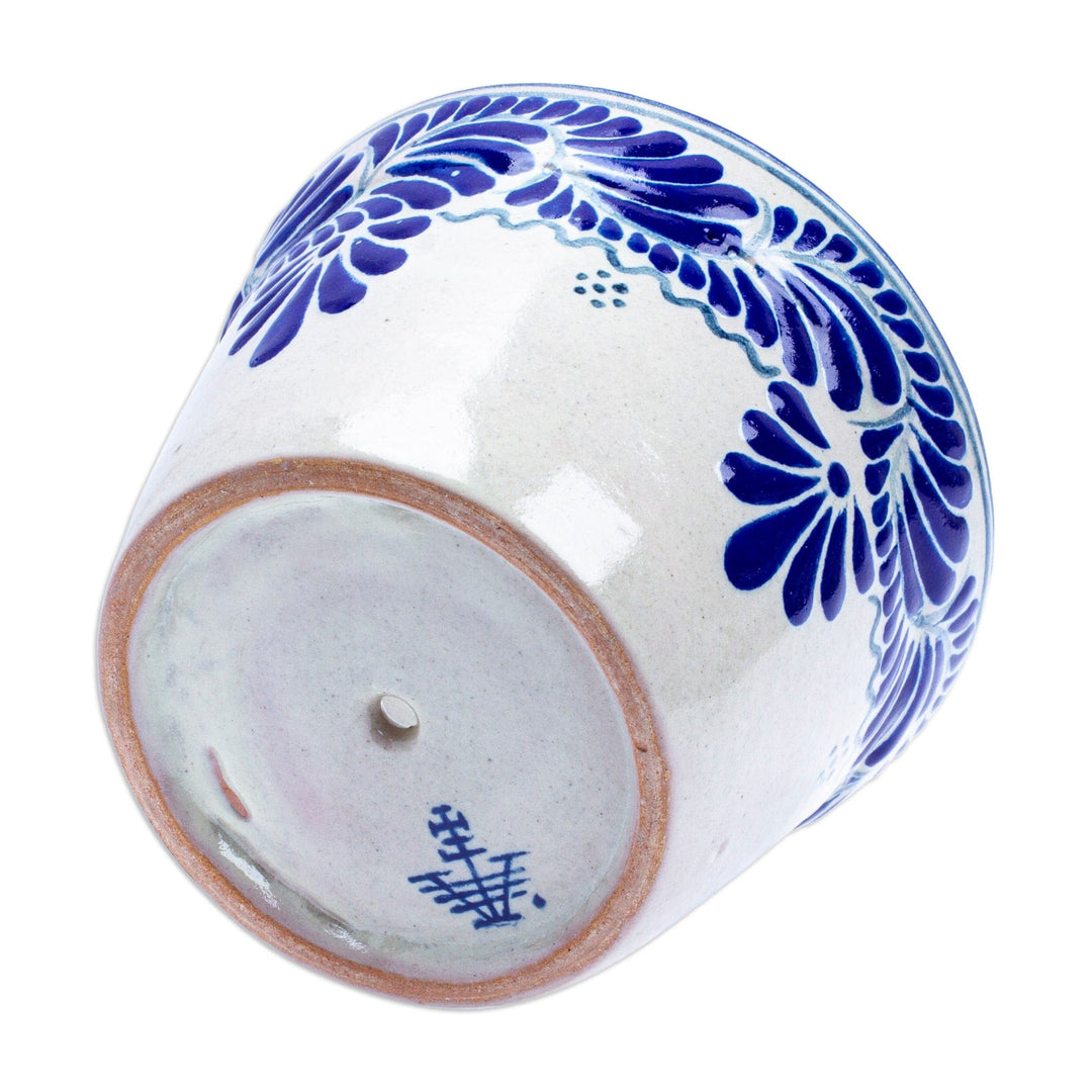 Talavera-Style Ceramic Planter with Leaf and Flower Motifs - Puebla Bloom